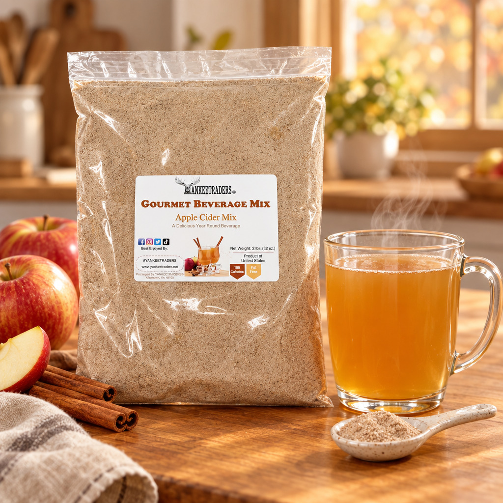 Apple cider mix bag beside warm prepared cider in a cozy fall kitchen