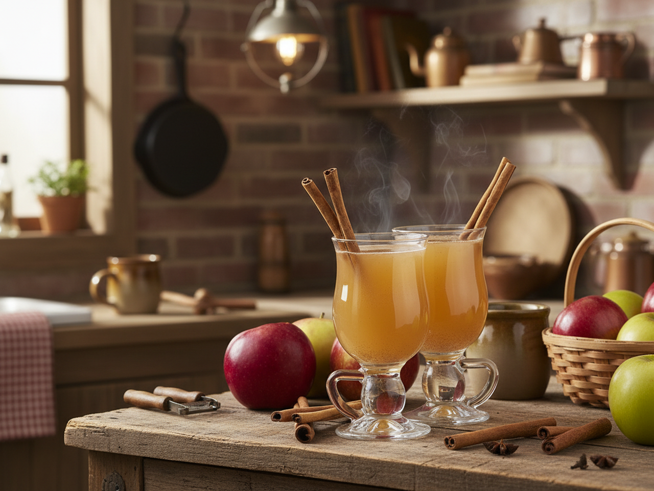 Two steaming glasses of apple cider drink with cinnamon sticks on a rustic wooden table, surrounded by red and green apples in a cozy kitchen setting.