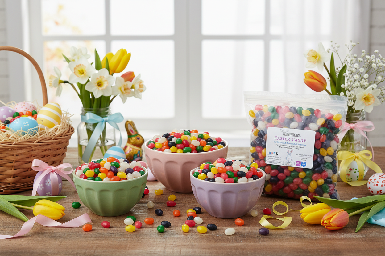 Assorted jelly beans in Easter setting