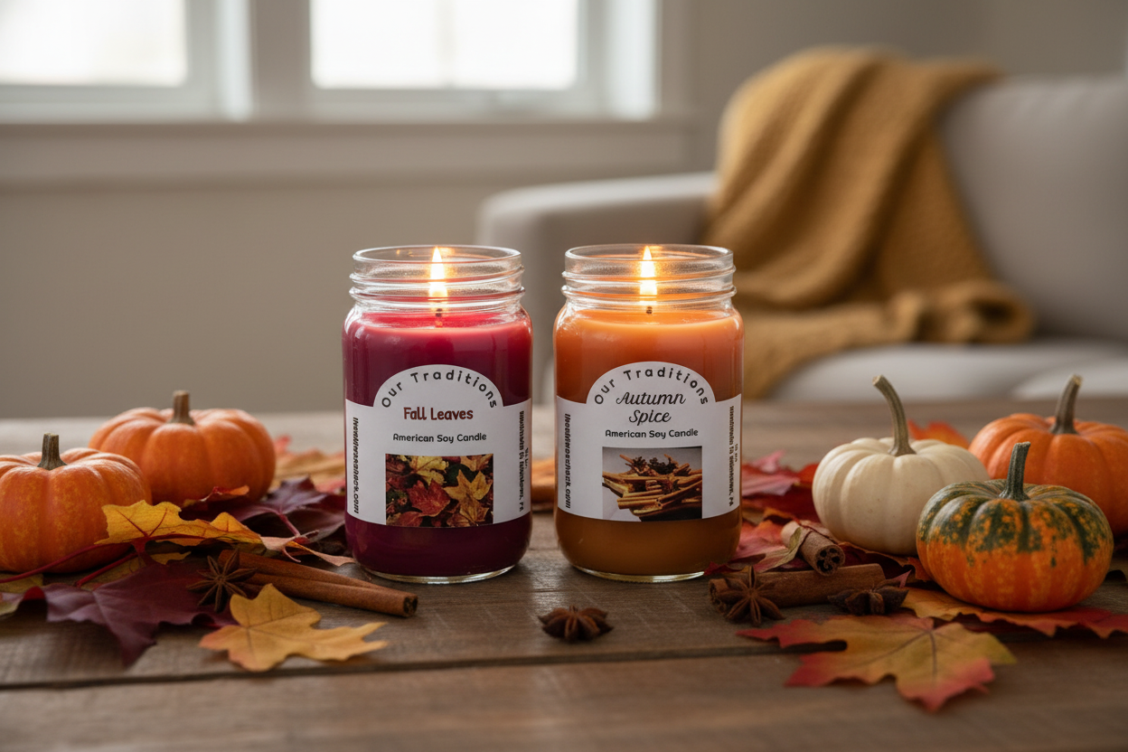 Autumn Spice & Fall Leaves Candle Set on table with cozy fall setting, leaves, cinnamon sticks