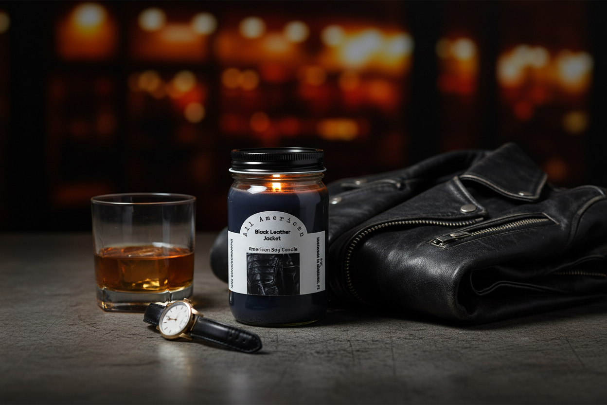 Black Leather Jacket Soy Candle Lifestyle