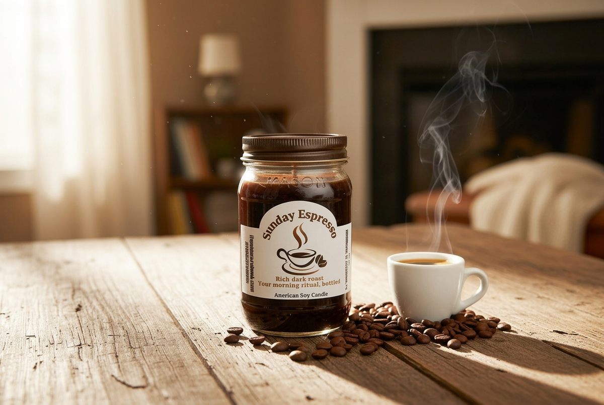 Brighter Sunday Espresso lifestyle photo with a closer focus on the candle