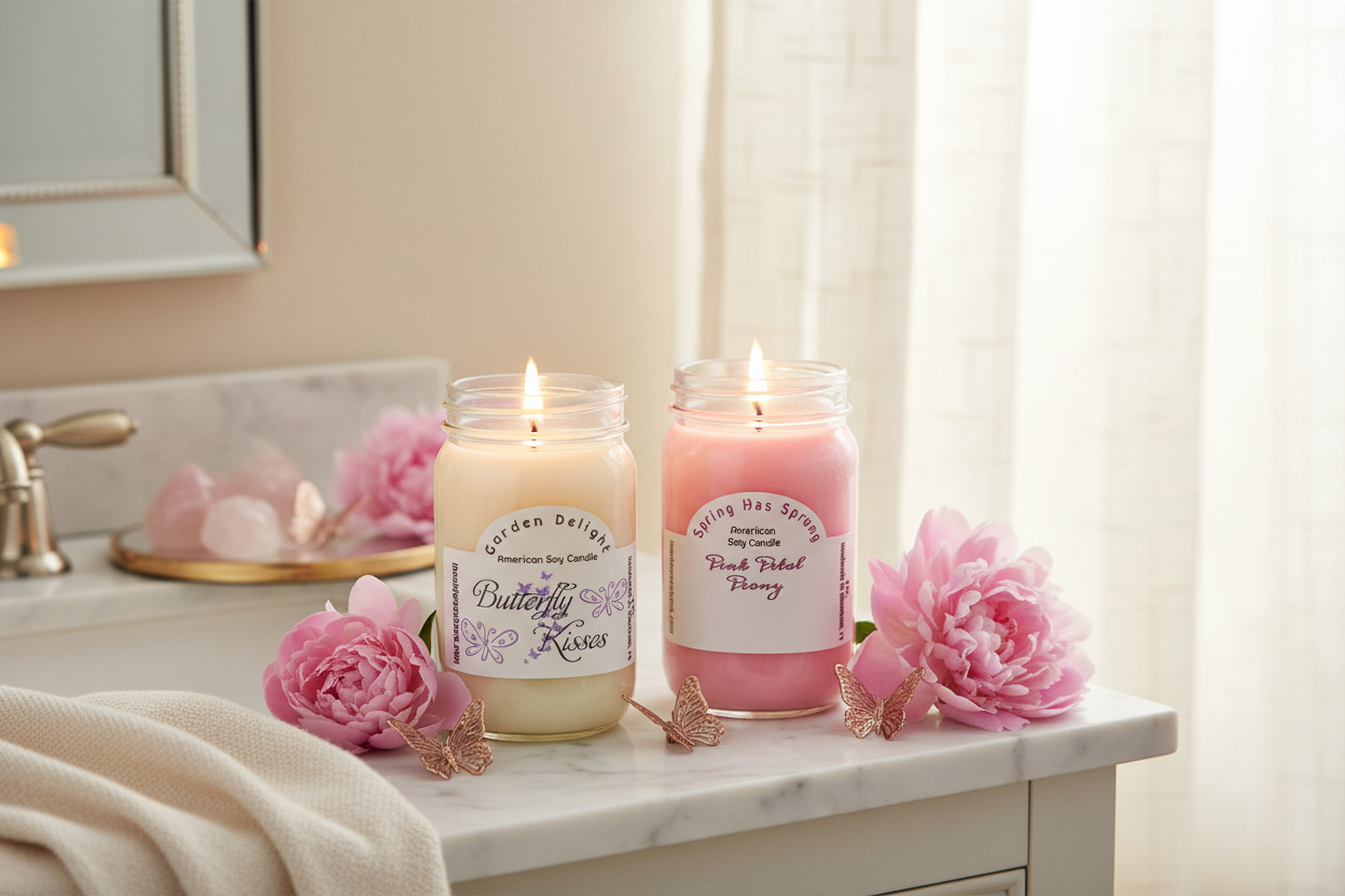 Butterfly Kisses & Pink Petal Peony Candles - Home Setting