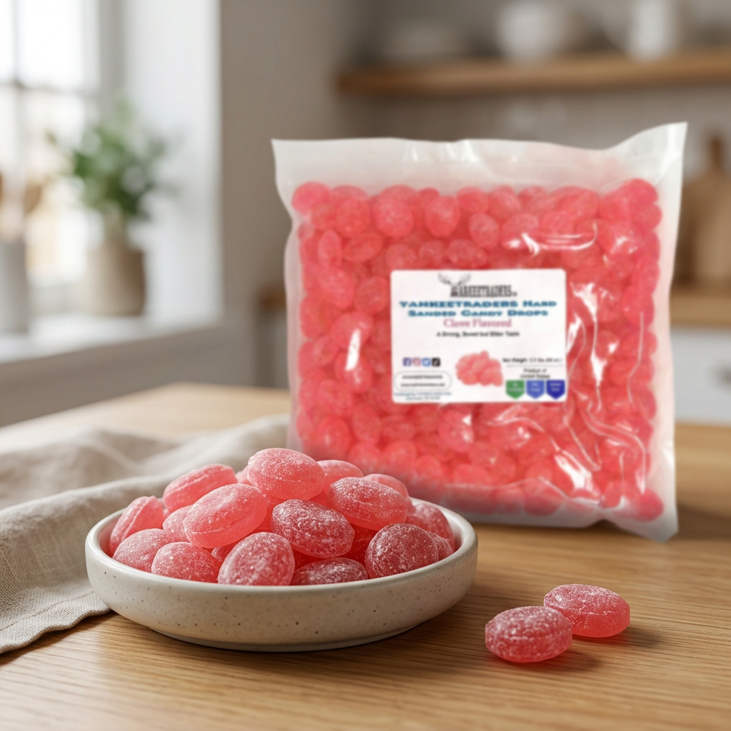 Clove candy lifestyle scene with a dish of candy beside the bag with its label blurred