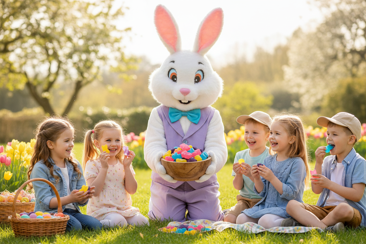 Easter bunny with kids and bunny jube candy