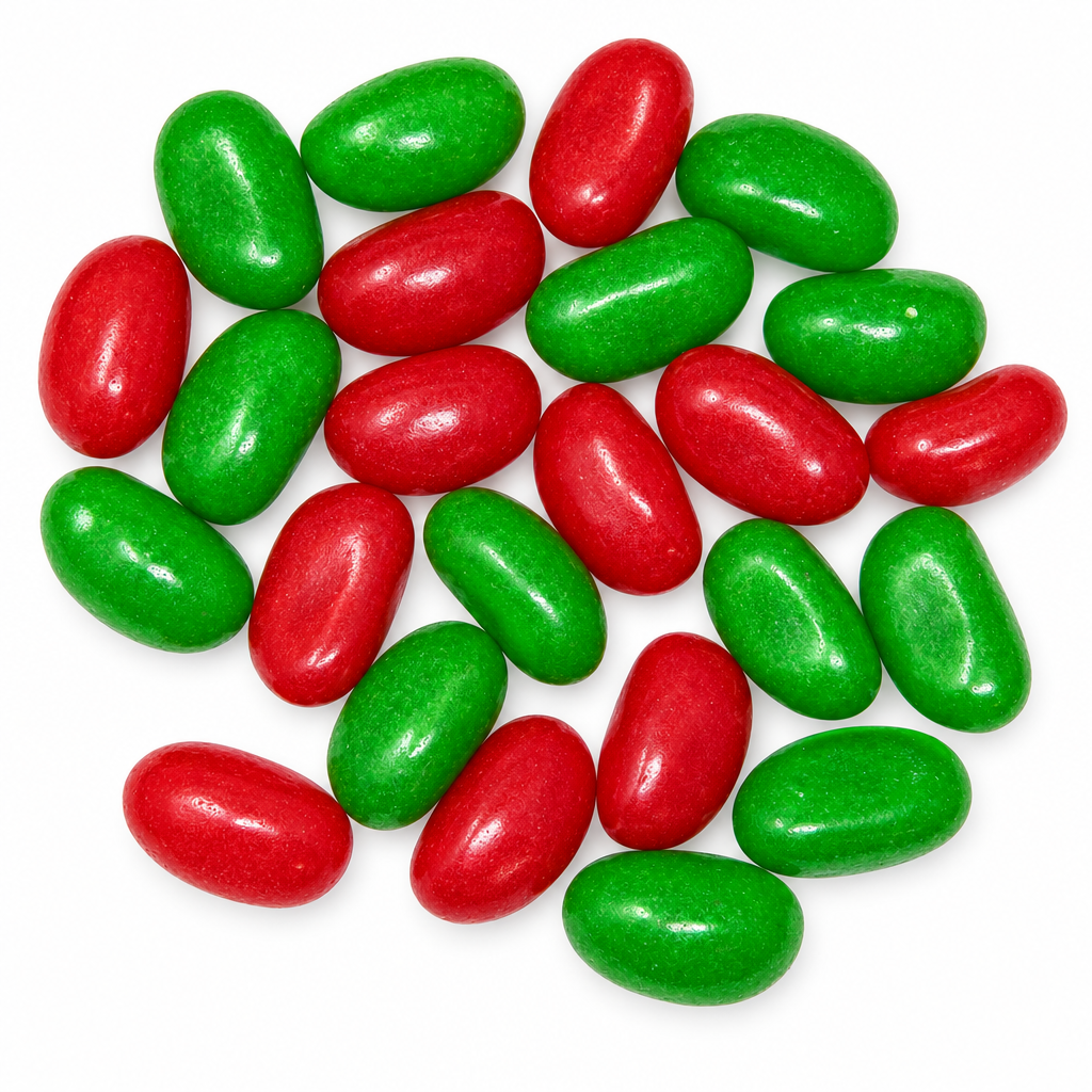 Enhanced red and green jelly beans on a white background