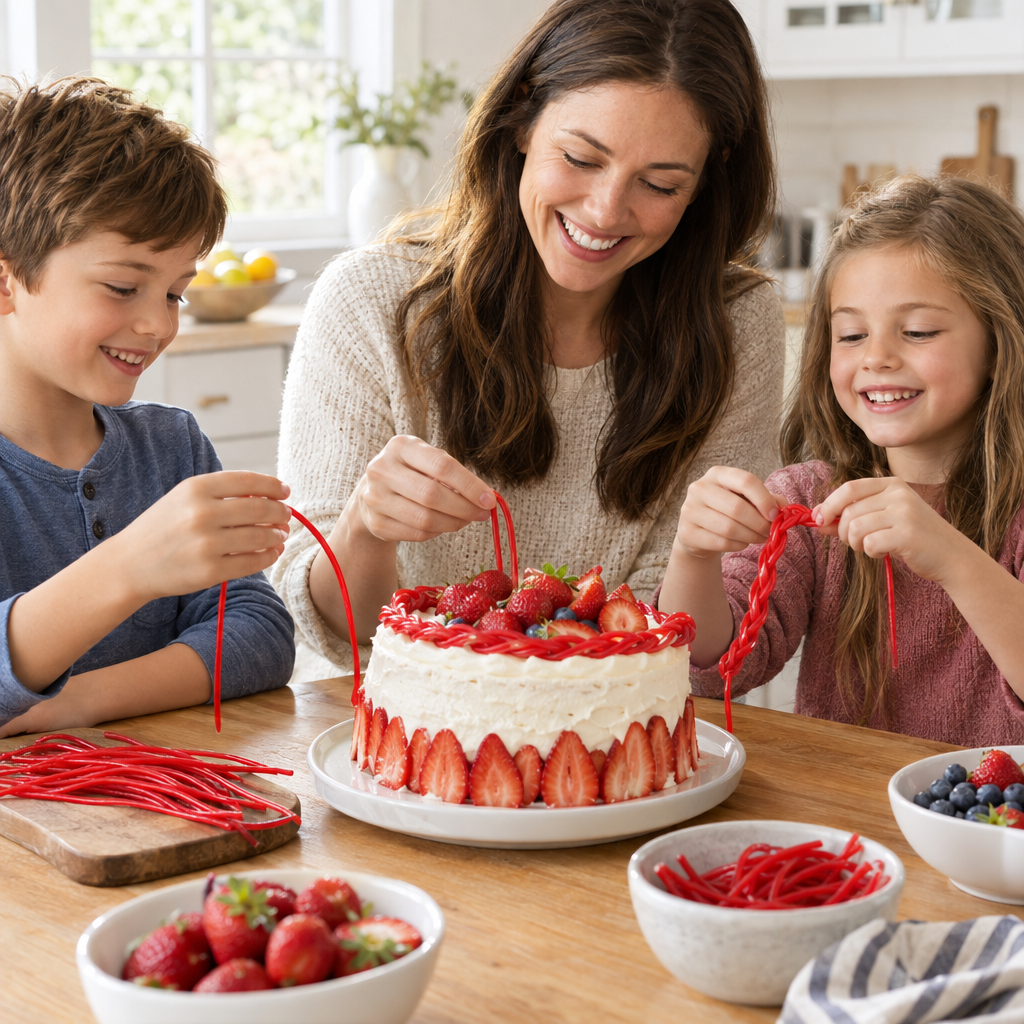 Family enjoying red strawberry licorice laces