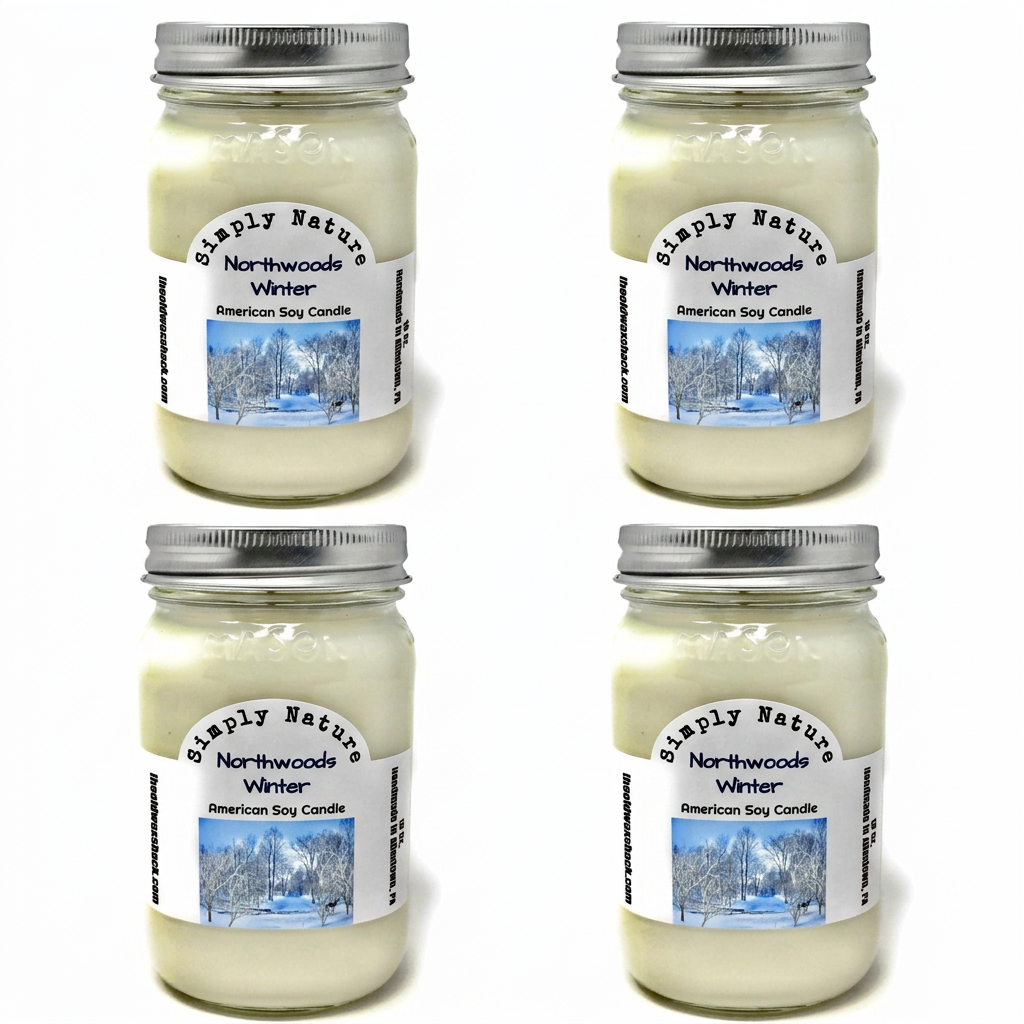 Four Northwoods Winter candles on white background