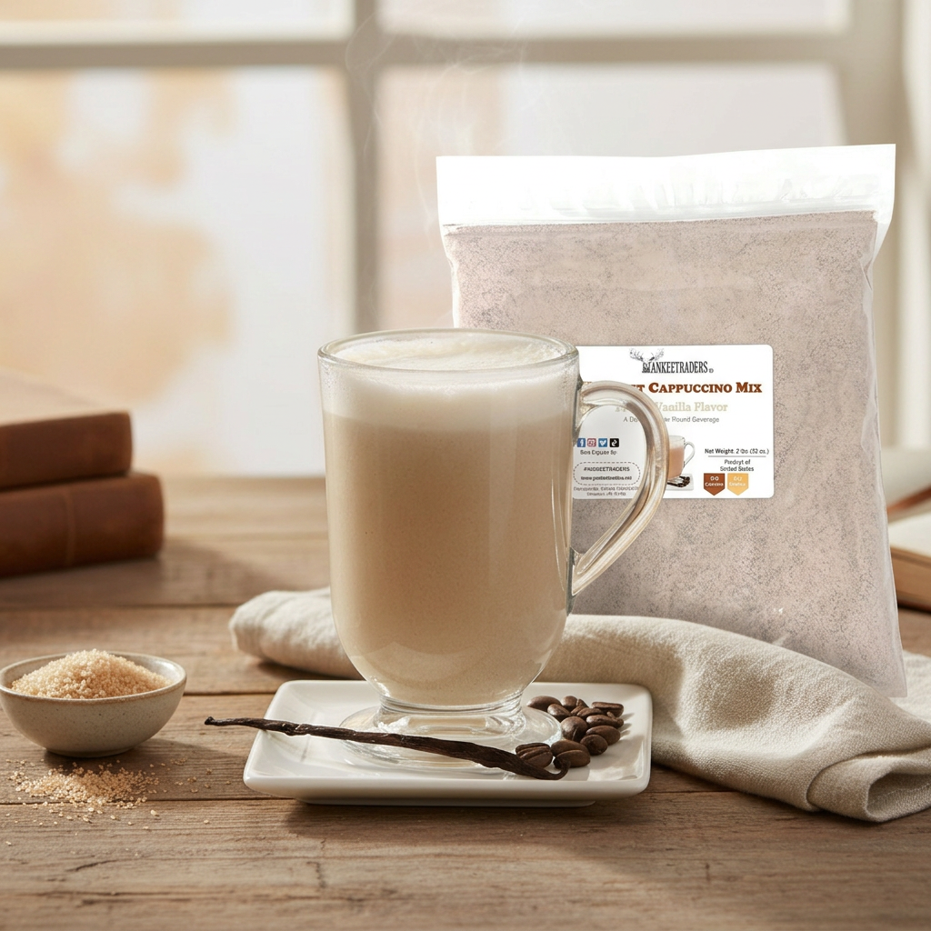 French vanilla cappuccino lifestyle scene with the YANKEETRADERS bag beside the cup
