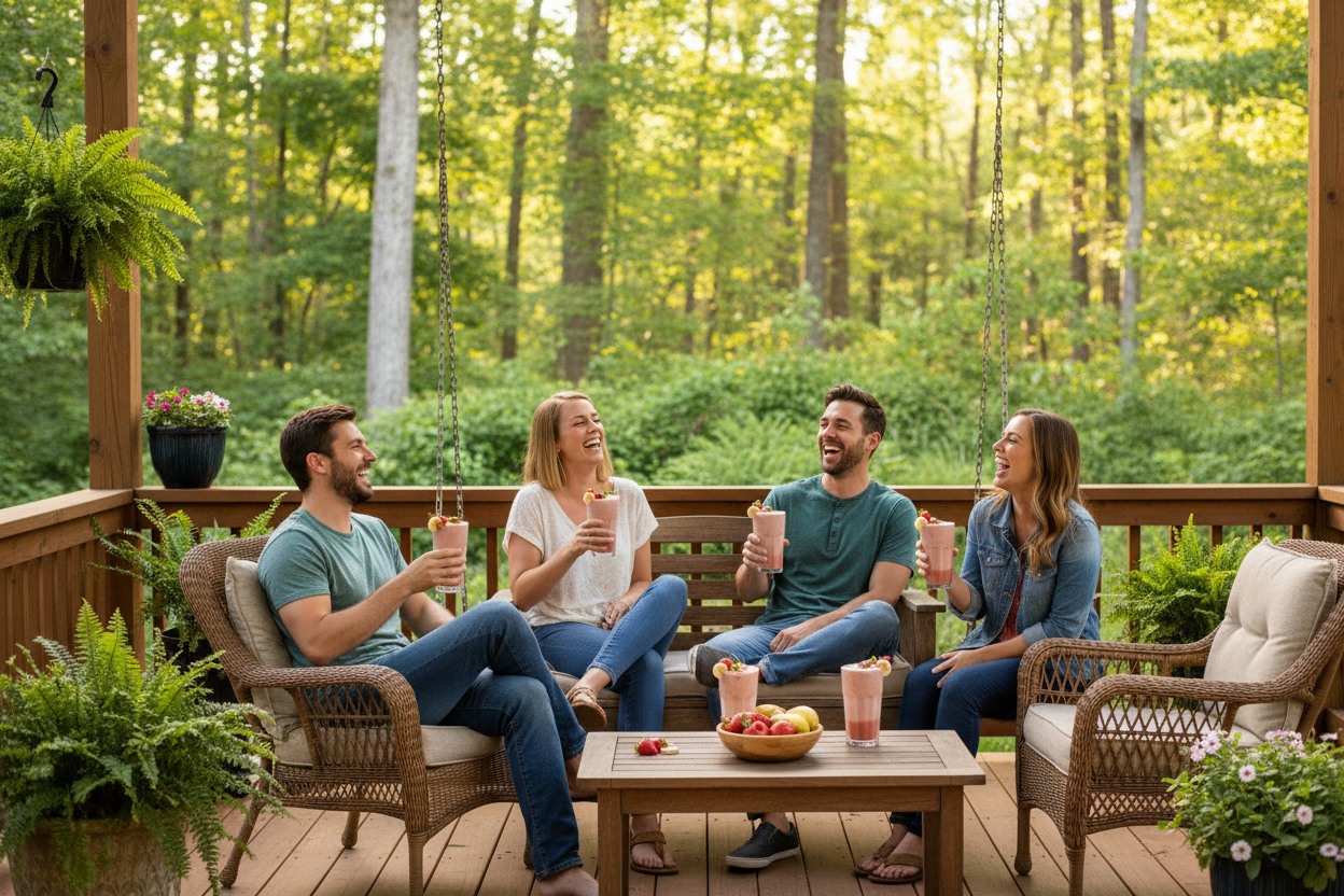 Friends on Porch with Strawberry Banana Smoothies