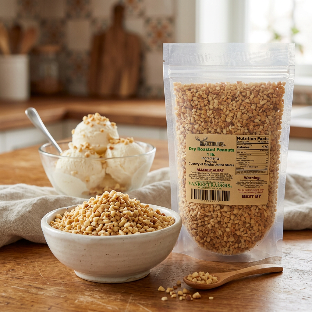 Granulated dry roasted peanuts lifestyle image with the actual YANKEETRADERS bag nearby
