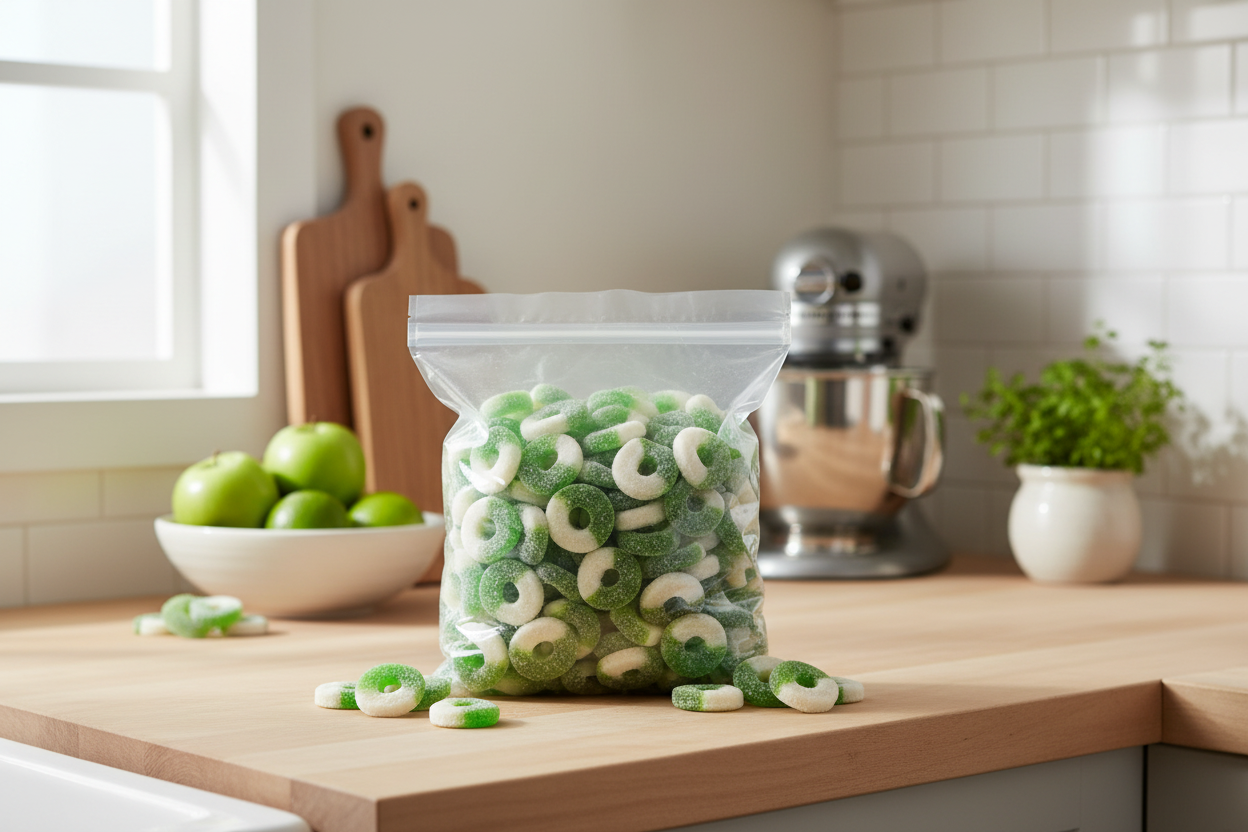 Green apple gummy rings 5lb bag in kitchen