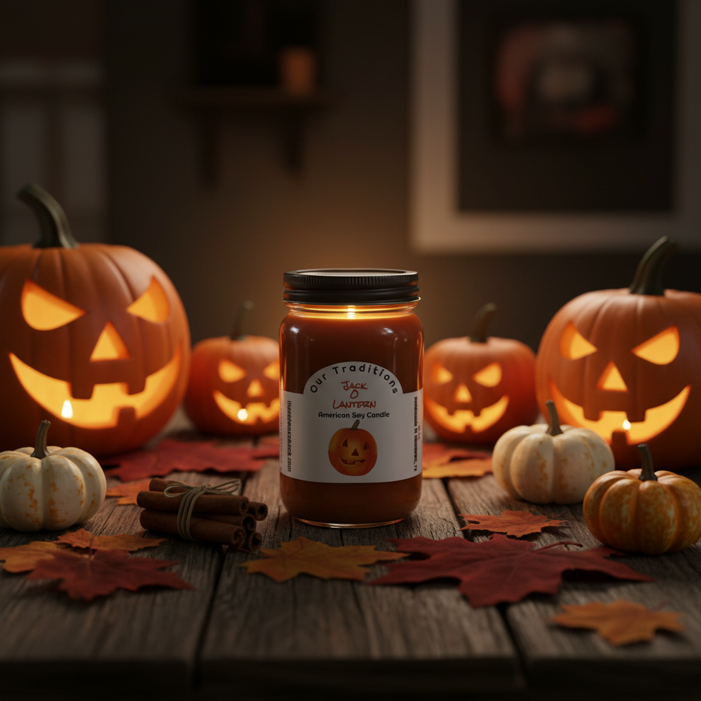 Jack-O-Lantern Pumpkin Spice soy candle with carved pumpkins, cinnamon sticks and fall leaves.