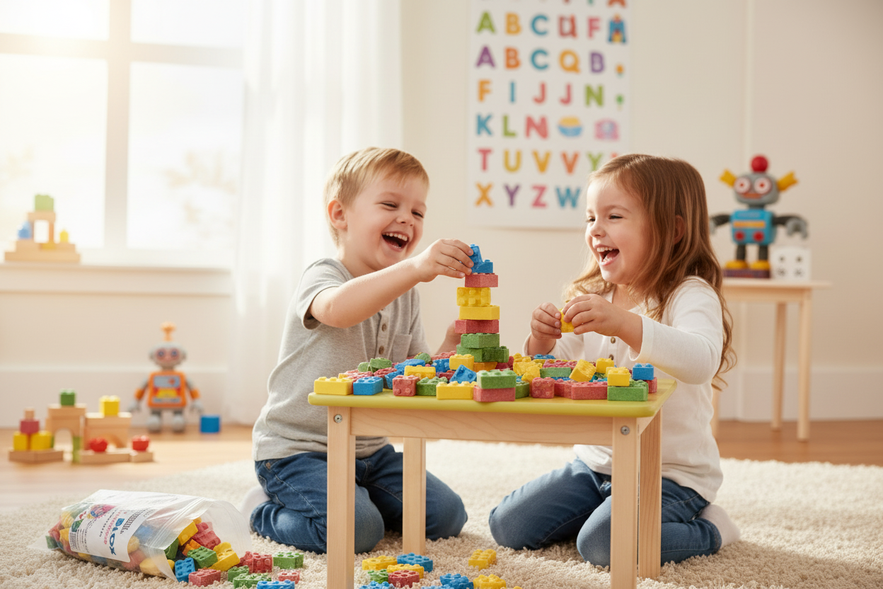 Kids at Table Playing with Candy Blox