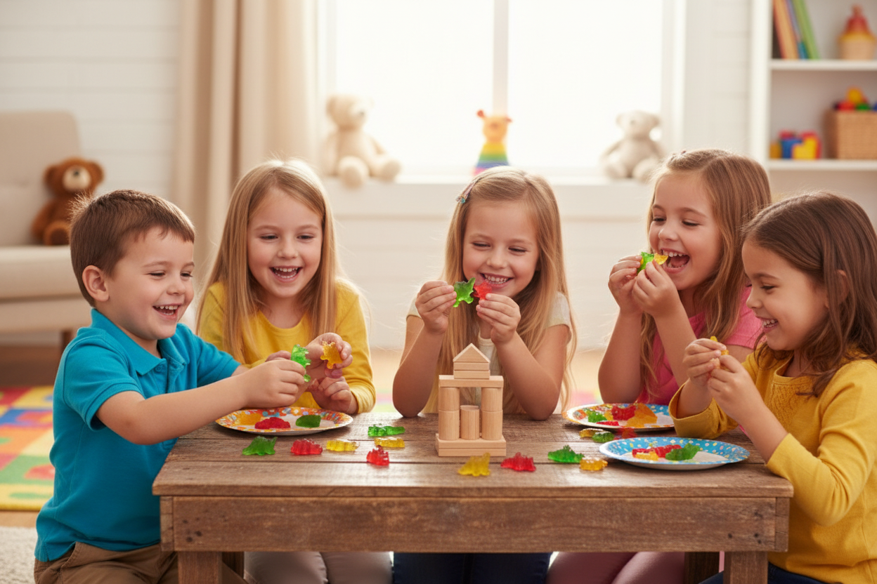 Kids eating and playing with gummy dinosaurs