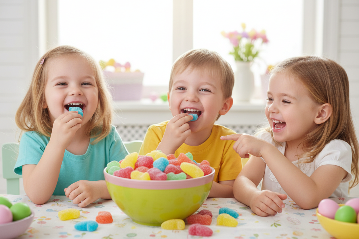 Kids eating Easter-shaped sugar jelly candy