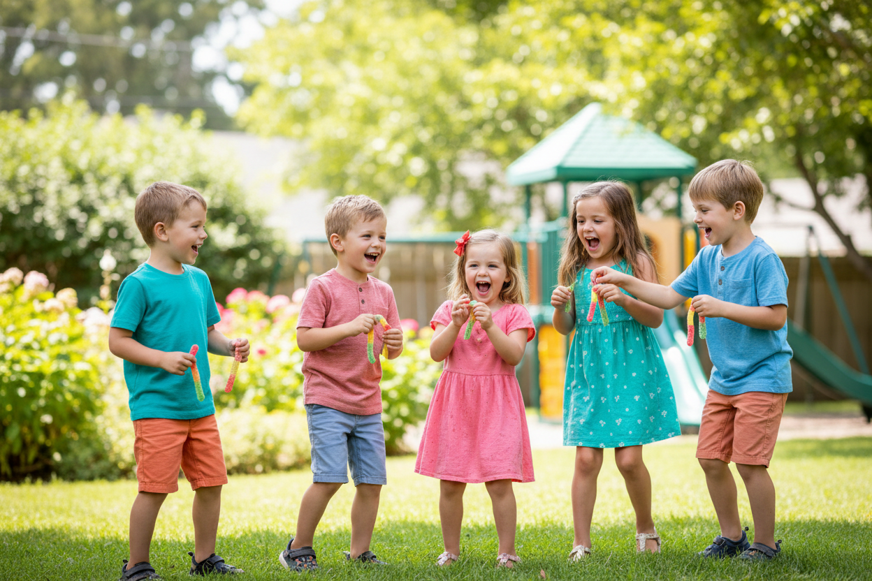 Kids playing with sour gummy worms