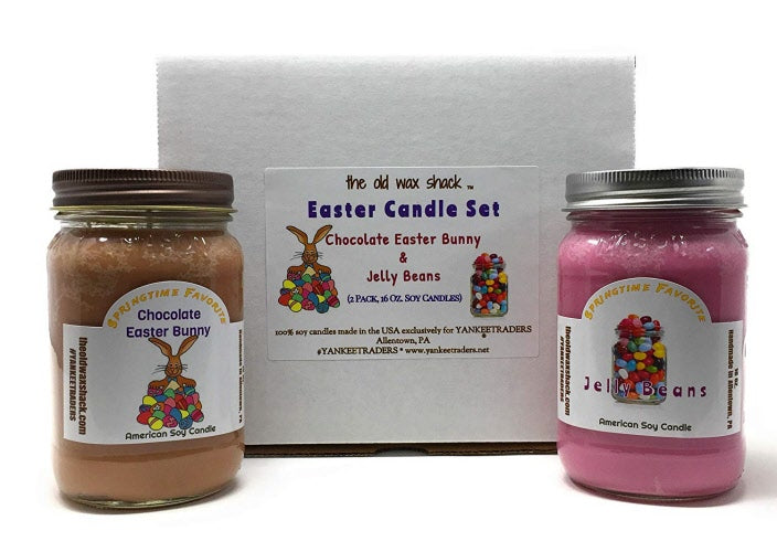 Chocolate Easter Bunny & Jelly Beans Soy Candles (2 Pack Gift Set, 16 Oz Mason Jars.)
