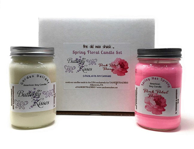 Spring Floral Soy Candles, Butterfly Kisses, Pink Petal Peony (2 Pack Gift Set, 16 Oz Mason Jars.)