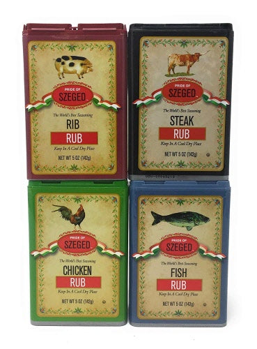 Four tin containers of Szeged gourmet rub for different types of meat: rib rub, steak rub, chicken rub, and fish rub.