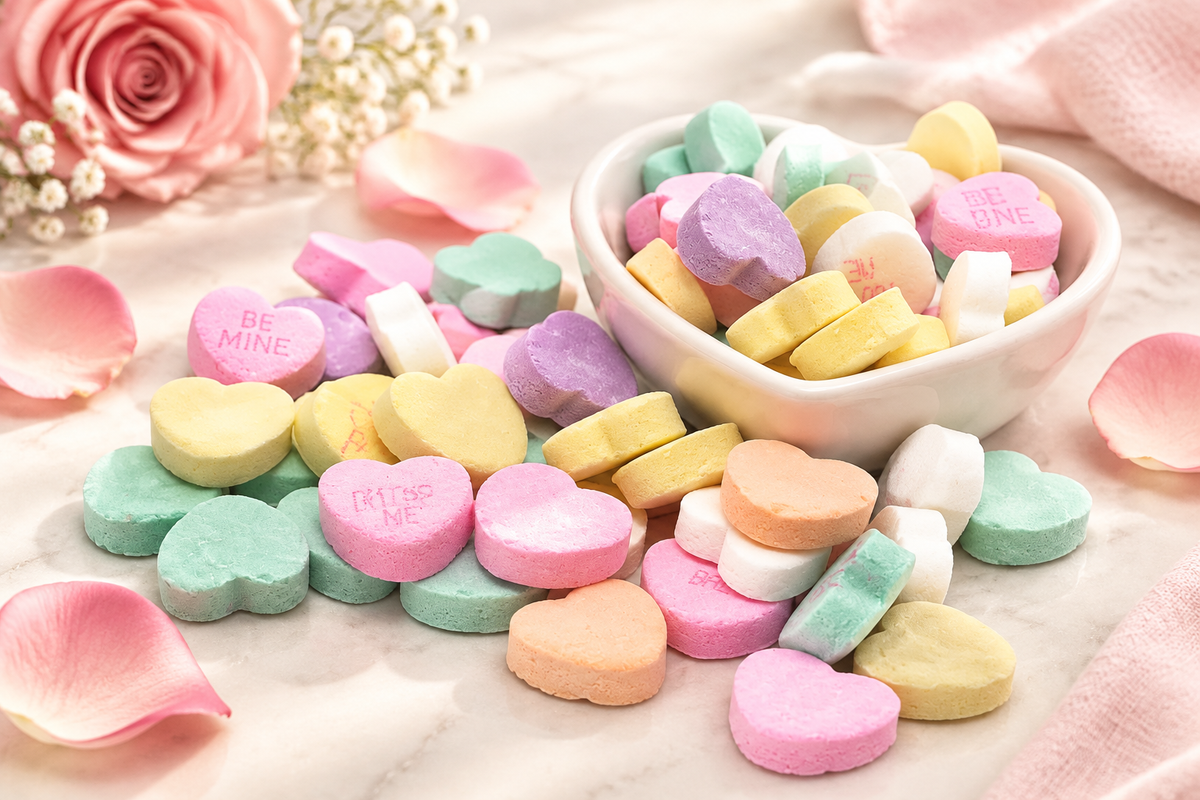 Lifestyle image using the actual Conversation Hearts candy