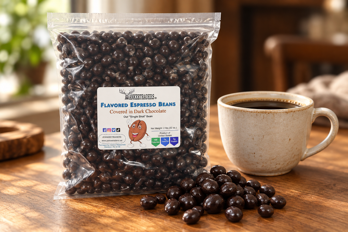 Lifestyle photo using the actual YANKEETRADERS espresso beans bag and chocolate-covered beans