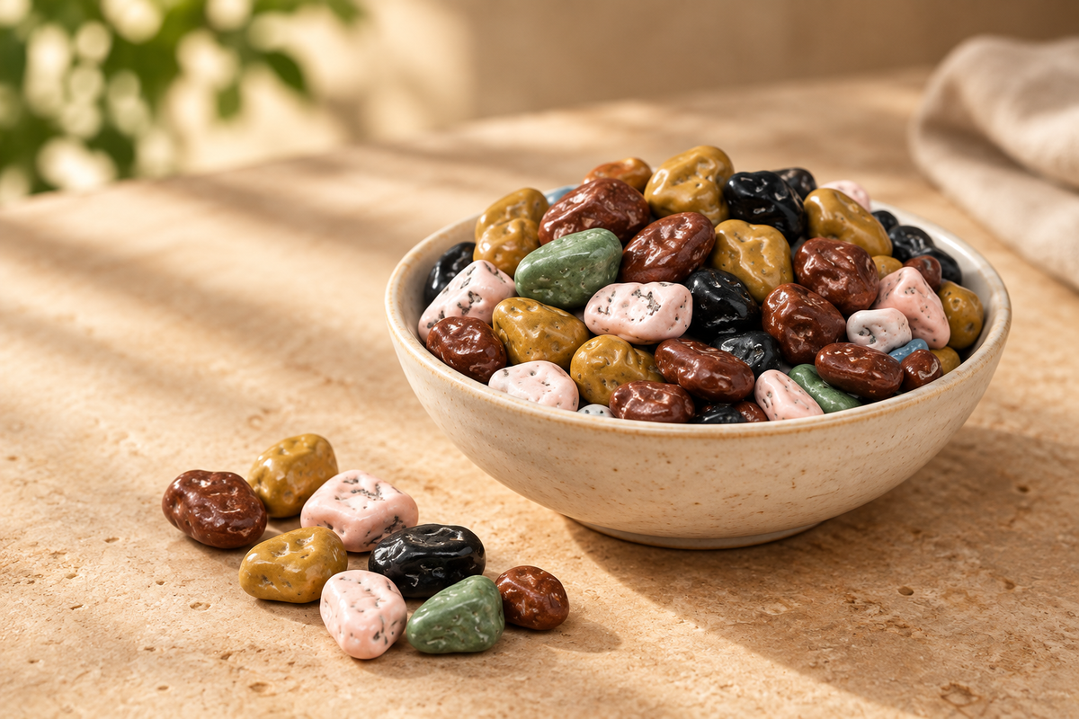 Lifestyle photograph of chocolate-covered candy rocks in a ceramic bowl