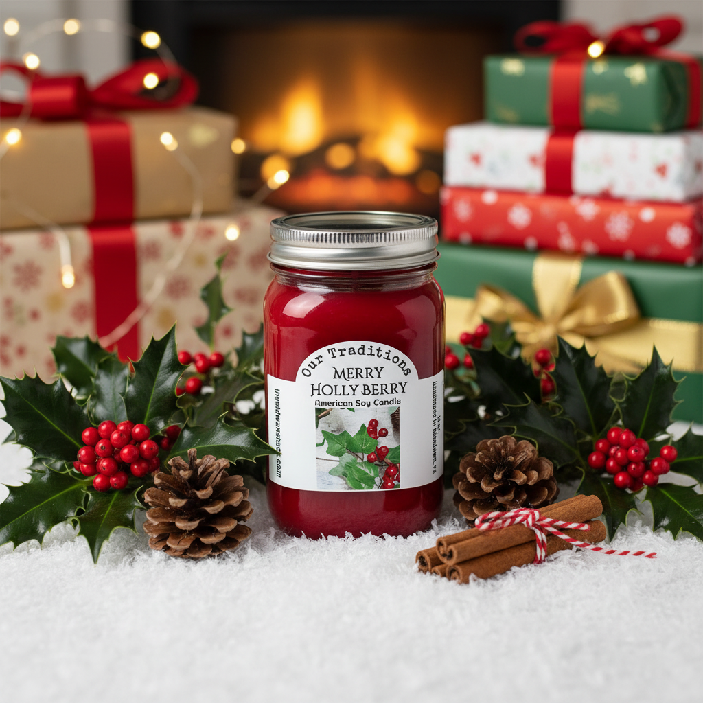 Merry Holly Berry Christmas Candle Lifestyle