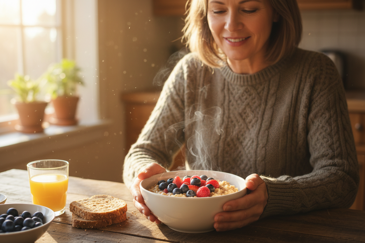Middle-aged person enjoying oat cereal with berries