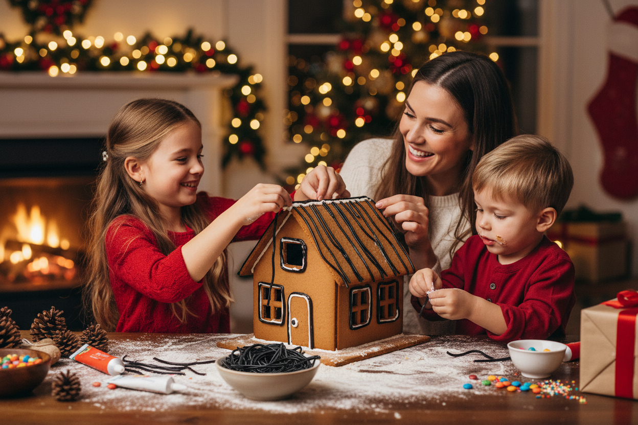 Mom and Kids Gingerbread House with Black Licorice Laces
