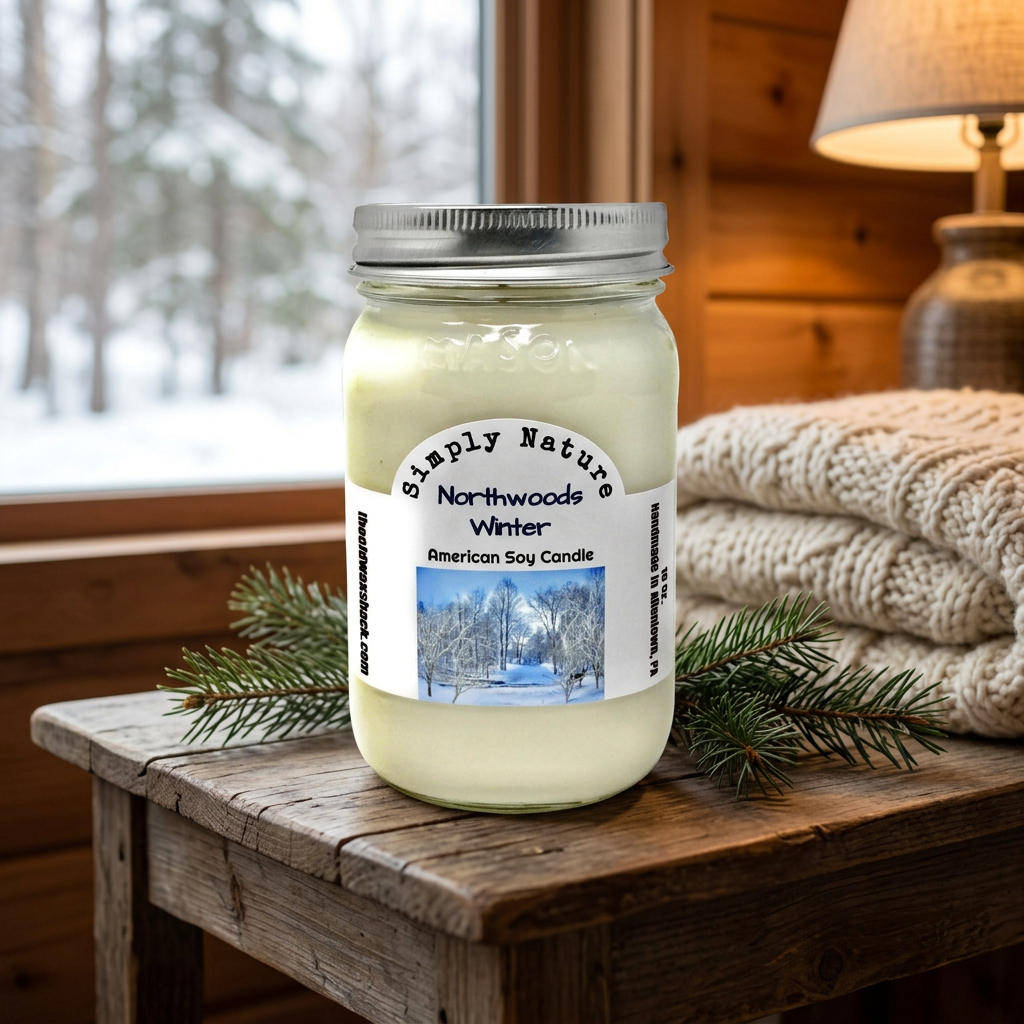 Northwoods Winter candle in a cozy winter cabin setting