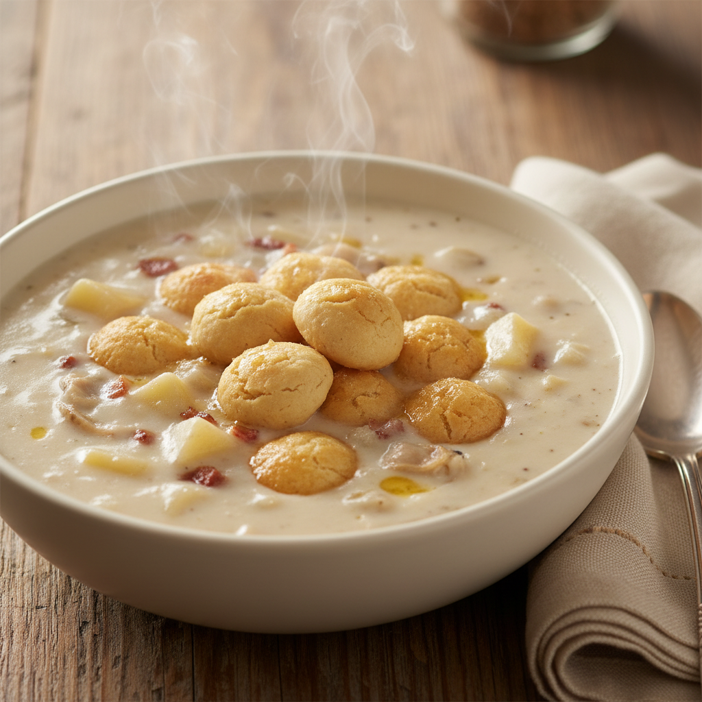Oyster crackers in creamy chowder