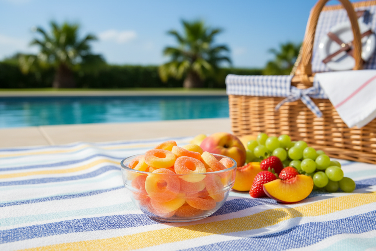 Peach gummy rings in summer setting