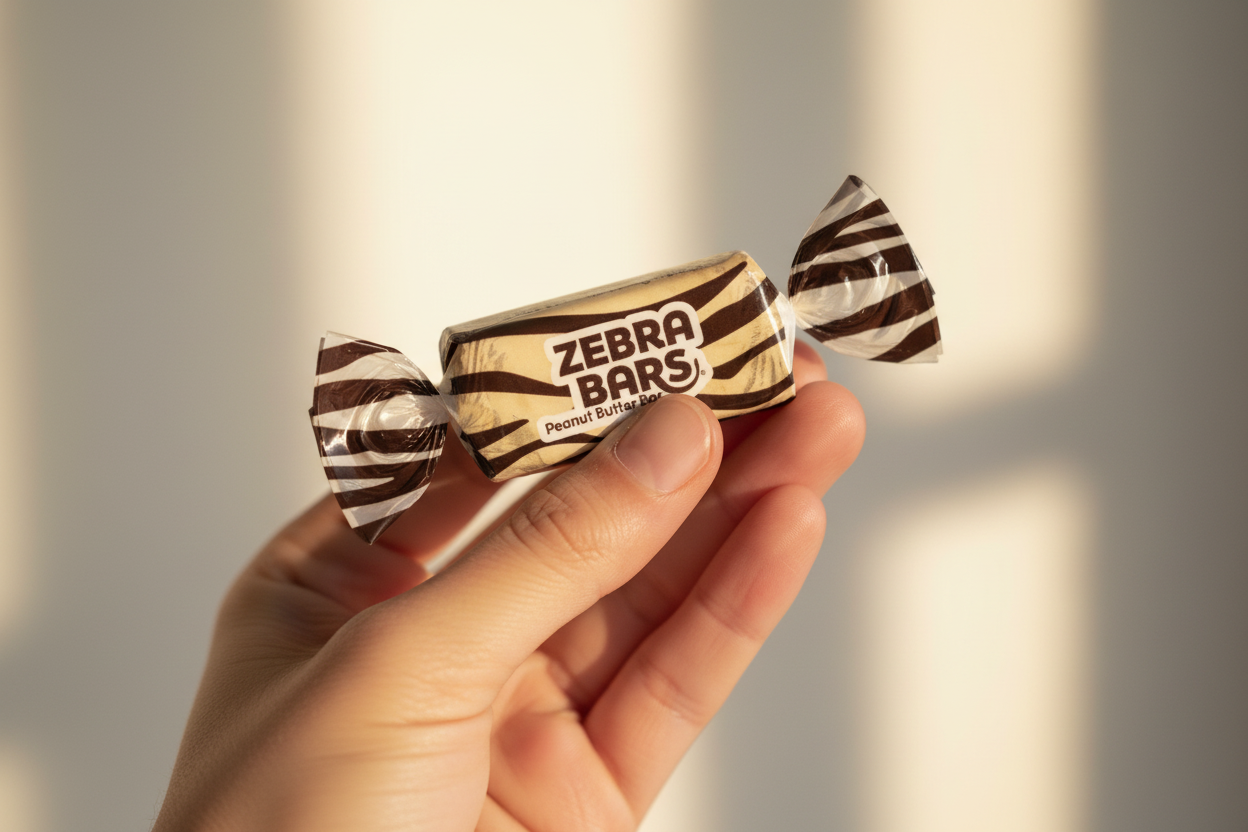 Person holding wrapped Atkinson Zebra Peanut Butter Bar