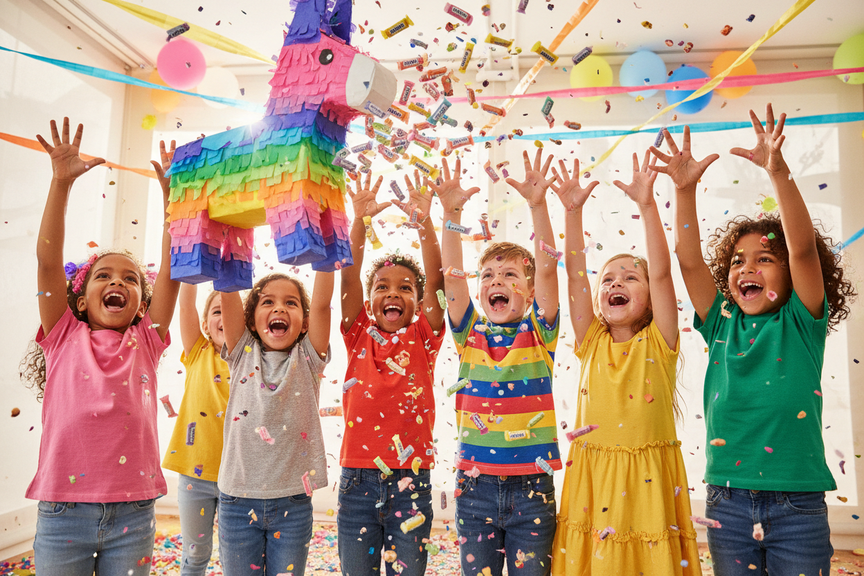 Piñata with Smarties Candy Rolls and Kids