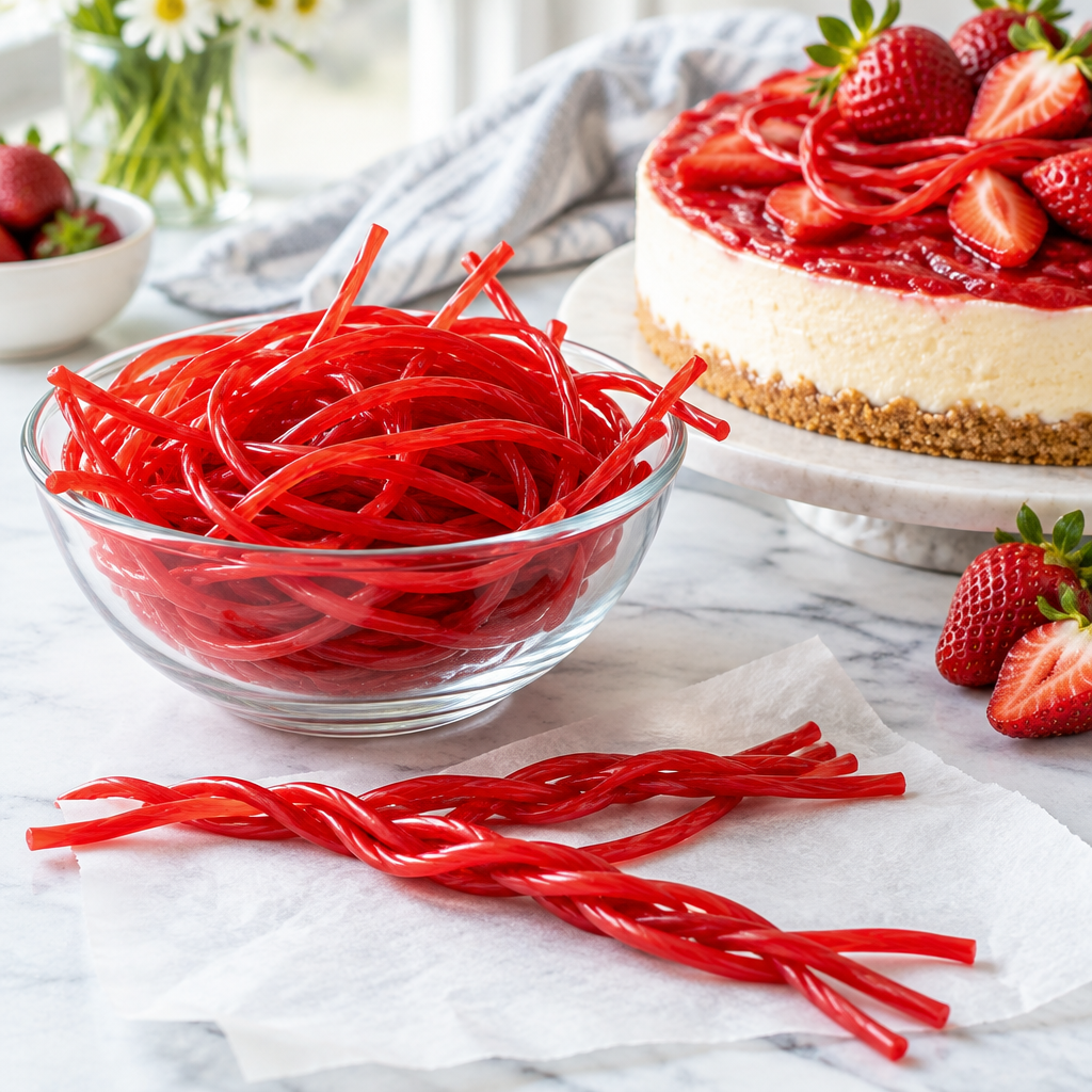 Red strawberry licorice laces on a kitchen table