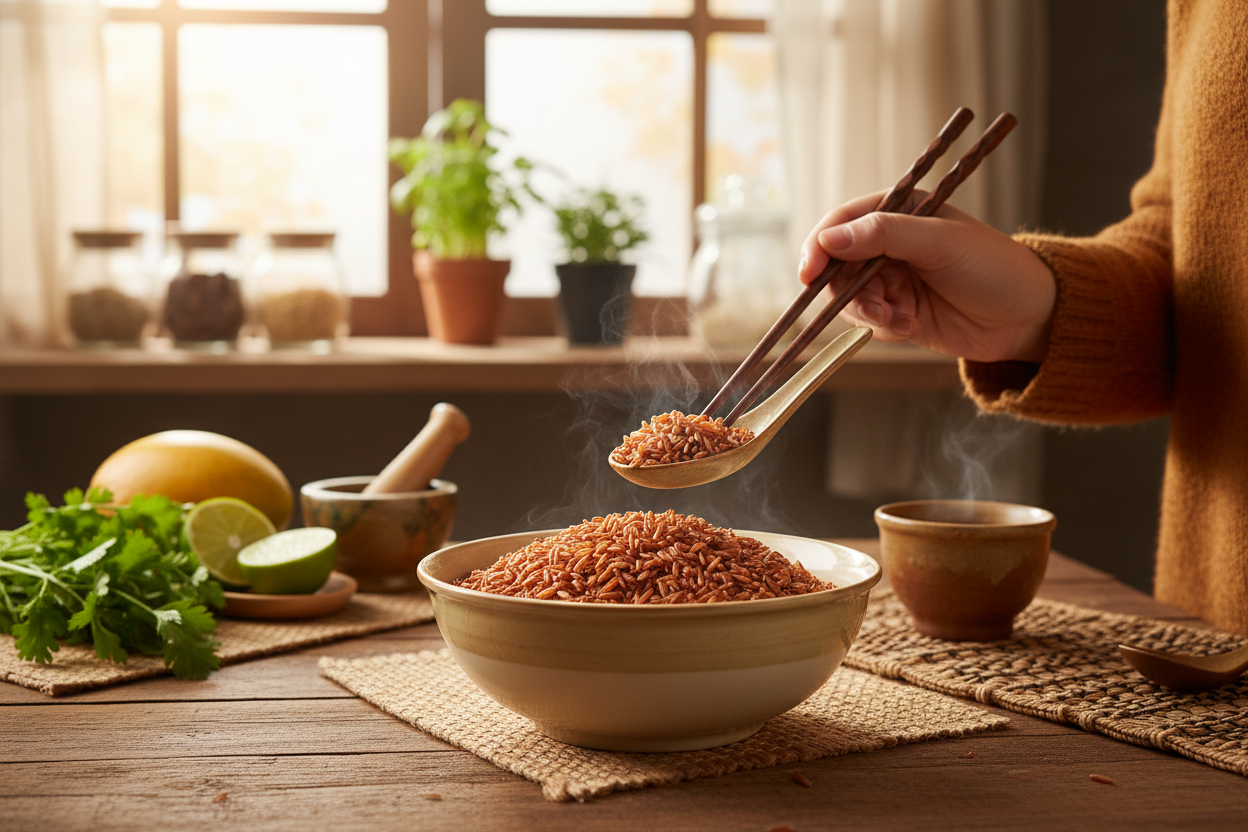 Red Thai rice being enjoyed in a kitchen setting