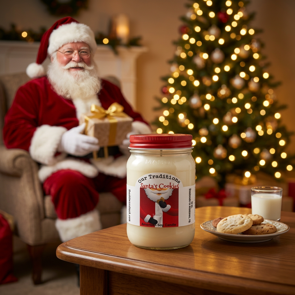 Santa’s Cookies candle with Santa in a cozy Christmas living room background