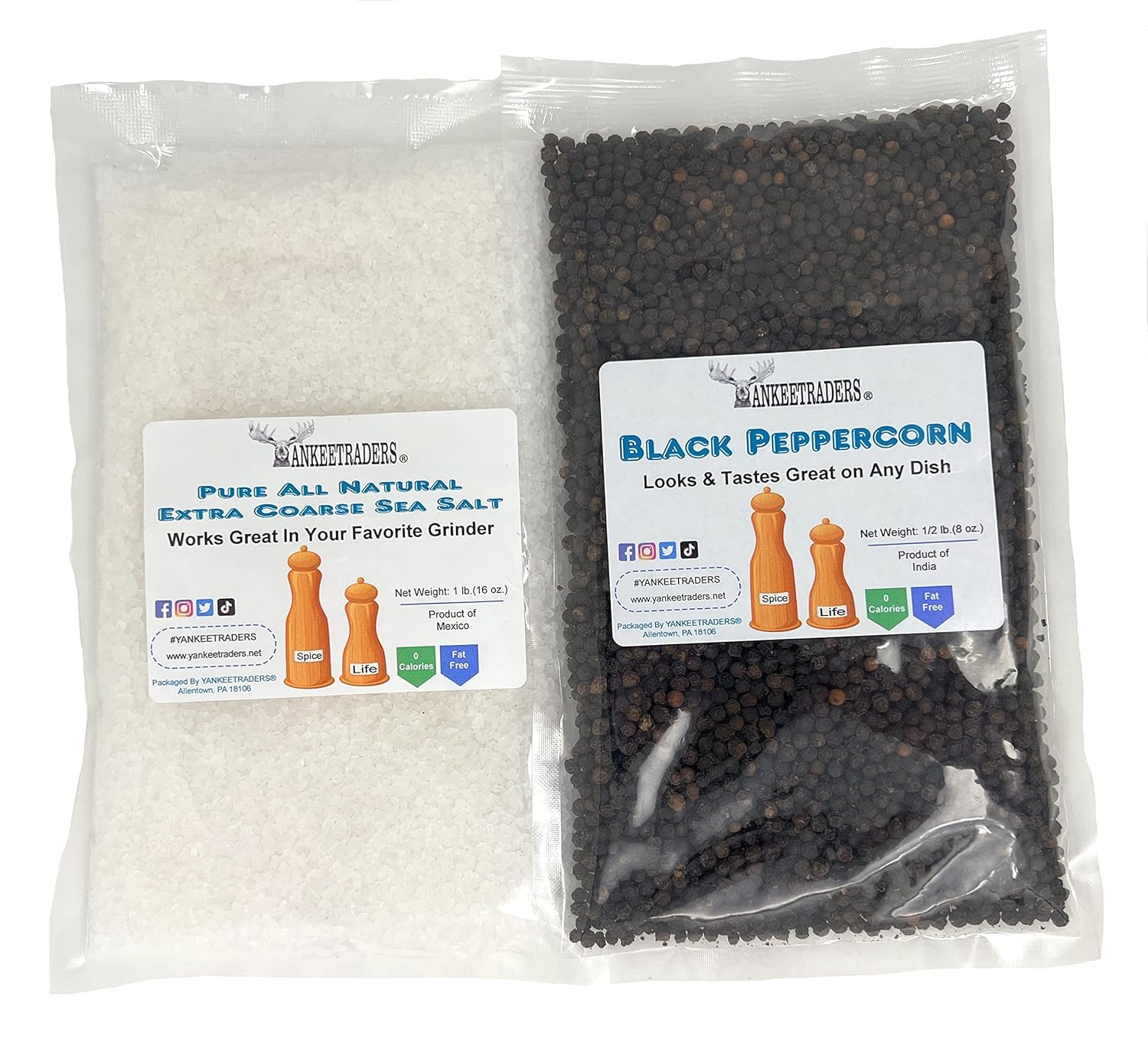 Sea Salt and Whole Black Pepper Packs for Mill Grinders