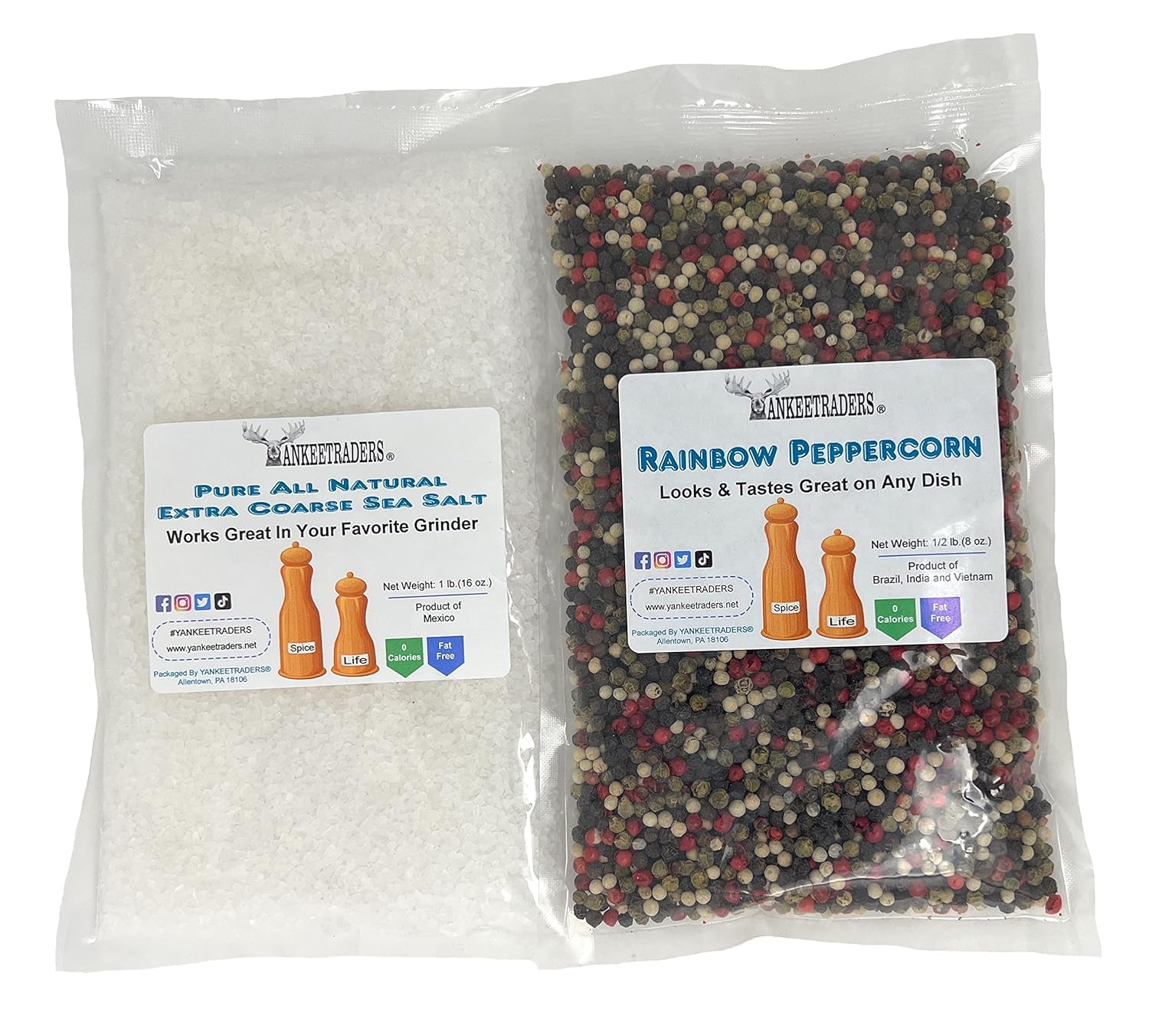 Sea Salt and Whole Rainbow Peppercorn Packs for Mill Grinders