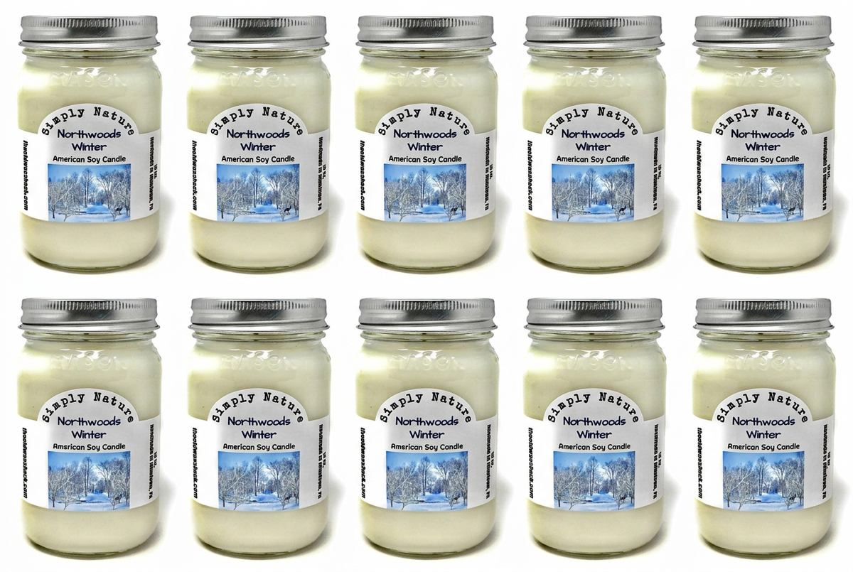 Ten Northwoods Winter candles in two rows of five