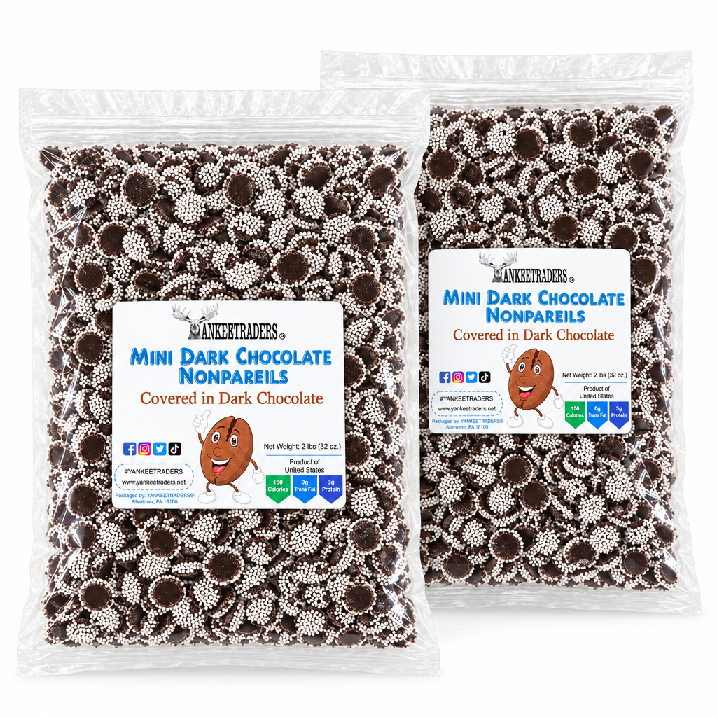 Two sealed 2-pound Mini Dark Chocolate Nonpareils bags