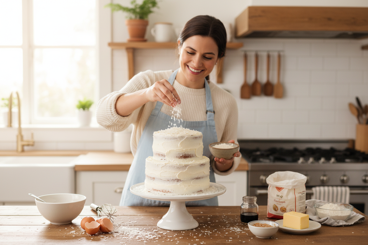 Woman Making Coconut Cake