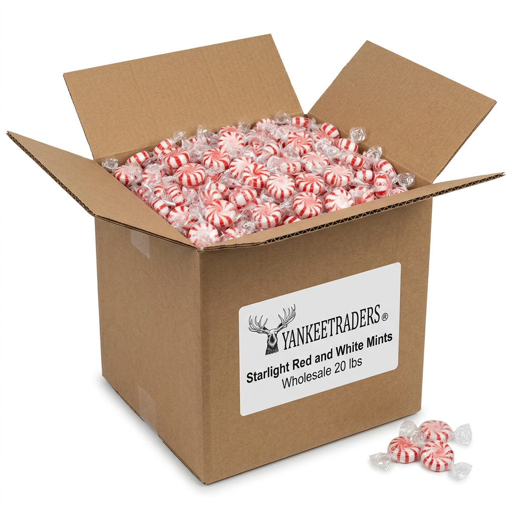 YANKEETRADERS kraft box of Starlight Red and White Mints, Wholesale 20 lbs